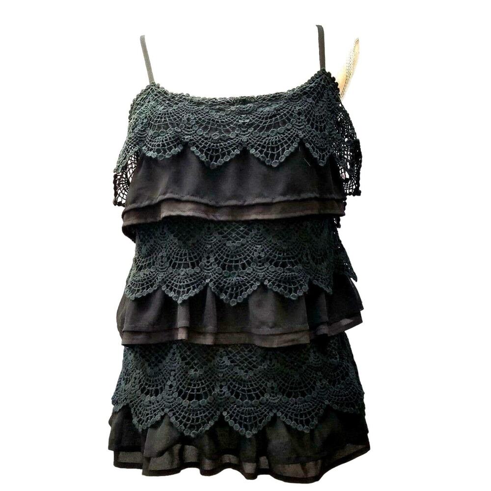 C. Luce Black Camisole Top Size L Semi Sheer Lacy Layered Adjustable Strap Boho